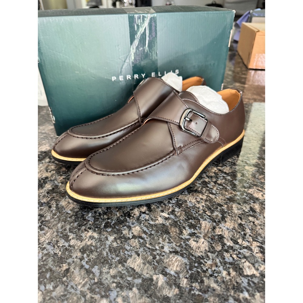 Perry Ellis Mens Monk Strap‎ Loafers Coffee Brown Dress Shoes HP22496 Size 8